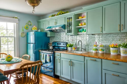photo from pinterest of easter-style interior designed (kitchen interior) with kitchen cabinets and sink and refrigerator and plant and stove and worktops and kitchen cabinets. . with easter decorations and light blue colors and spring decorations and colorful easter eggs and flowers on table and easter decorations. . cinematic photo, highly detailed, cinematic lighting, ultra-detailed, ultrarealistic, photorealism, 8k. trending on pinterest. easter interior design style. masterpiece, cinematic light, ultrarealistic+, photorealistic+, 8k, raw photo, realistic, sharp focus on eyes, (symmetrical eyes), (intact eyes), hyperrealistic, highest quality, best quality, , highly detailed, masterpiece, best quality, extremely detailed 8k wallpaper, masterpiece, best quality, ultra-detailed, best shadow, detailed background, detailed face, detailed eyes, high contrast, best illumination, detailed face, dulux, caustic, dynamic angle, detailed glow. dramatic lighting. highly detailed, insanely detailed hair, symmetrical, intricate details, professionally retouched, 8k high definition. strong bokeh. award winning photo.