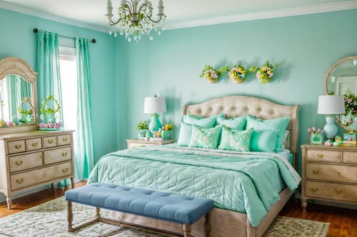 photo from pinterest of easter-style interior designed (bedroom interior) with headboard and bed and night light and accent chair and storage bench or ottoman and plant and bedside table or night stand and mirror. . with easter decorations and light blue colors and spring decorations and flowers on table and colorful easter eggs and easter decorations. . cinematic photo, highly detailed, cinematic lighting, ultra-detailed, ultrarealistic, photorealism, 8k. trending on pinterest. easter interior design style. masterpiece, cinematic light, ultrarealistic+, photorealistic+, 8k, raw photo, realistic, sharp focus on eyes, (symmetrical eyes), (intact eyes), hyperrealistic, highest quality, best quality, , highly detailed, masterpiece, best quality, extremely detailed 8k wallpaper, masterpiece, best quality, ultra-detailed, best shadow, detailed background, detailed face, detailed eyes, high contrast, best illumination, detailed face, dulux, caustic, dynamic angle, detailed glow. dramatic lighting. highly detailed, insanely detailed hair, symmetrical, intricate details, professionally retouched, 8k high definition. strong bokeh. award winning photo.