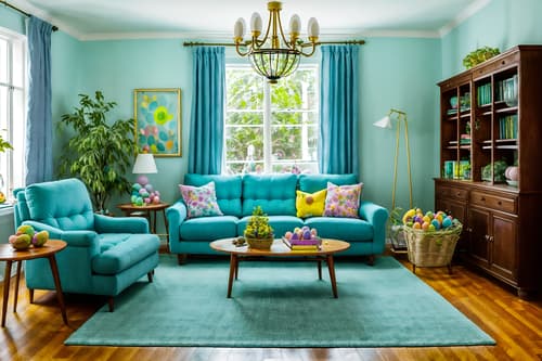 photo from pinterest of easter-style interior designed (living room interior) with rug and bookshelves and plant and televisions and furniture and chairs and electric lamps and occasional tables. . with colorful easter eggs and flowers on table and spring decorations and easter decorations and light blue colors and colorful easter eggs. . cinematic photo, highly detailed, cinematic lighting, ultra-detailed, ultrarealistic, photorealism, 8k. trending on pinterest. easter interior design style. masterpiece, cinematic light, ultrarealistic+, photorealistic+, 8k, raw photo, realistic, sharp focus on eyes, (symmetrical eyes), (intact eyes), hyperrealistic, highest quality, best quality, , highly detailed, masterpiece, best quality, extremely detailed 8k wallpaper, masterpiece, best quality, ultra-detailed, best shadow, detailed background, detailed face, detailed eyes, high contrast, best illumination, detailed face, dulux, caustic, dynamic angle, detailed glow. dramatic lighting. highly detailed, insanely detailed hair, symmetrical, intricate details, professionally retouched, 8k high definition. strong bokeh. award winning photo.
