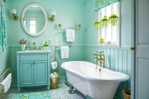 photo from pinterest of easter-style interior designed (bathroom interior) with toilet seat and mirror and bathroom cabinet and waste basket and bath towel and bath rail and bathtub and plant. . with spring decorations and easter decorations and colorful easter eggs and light blue colors and flowers on table and spring decorations. . cinematic photo, highly detailed, cinematic lighting, ultra-detailed, ultrarealistic, photorealism, 8k. trending on pinterest. easter interior design style. masterpiece, cinematic light, ultrarealistic+, photorealistic+, 8k, raw photo, realistic, sharp focus on eyes, (symmetrical eyes), (intact eyes), hyperrealistic, highest quality, best quality, , highly detailed, masterpiece, best quality, extremely detailed 8k wallpaper, masterpiece, best quality, ultra-detailed, best shadow, detailed background, detailed face, detailed eyes, high contrast, best illumination, detailed face, dulux, caustic, dynamic angle, detailed glow. dramatic lighting. highly detailed, insanely detailed hair, symmetrical, intricate details, professionally retouched, 8k high definition. strong bokeh. award winning photo.