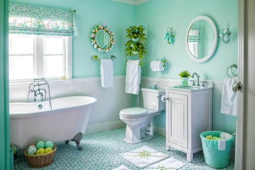 photo from pinterest of easter-style interior designed (bathroom interior) with toilet seat and mirror and bathroom cabinet and waste basket and bath towel and bath rail and bathtub and plant. . with spring decorations and easter decorations and colorful easter eggs and light blue colors and flowers on table and spring decorations. . cinematic photo, highly detailed, cinematic lighting, ultra-detailed, ultrarealistic, photorealism, 8k. trending on pinterest. easter interior design style. masterpiece, cinematic light, ultrarealistic+, photorealistic+, 8k, raw photo, realistic, sharp focus on eyes, (symmetrical eyes), (intact eyes), hyperrealistic, highest quality, best quality, , highly detailed, masterpiece, best quality, extremely detailed 8k wallpaper, masterpiece, best quality, ultra-detailed, best shadow, detailed background, detailed face, detailed eyes, high contrast, best illumination, detailed face, dulux, caustic, dynamic angle, detailed glow. dramatic lighting. highly detailed, insanely detailed hair, symmetrical, intricate details, professionally retouched, 8k high definition. strong bokeh. award winning photo.