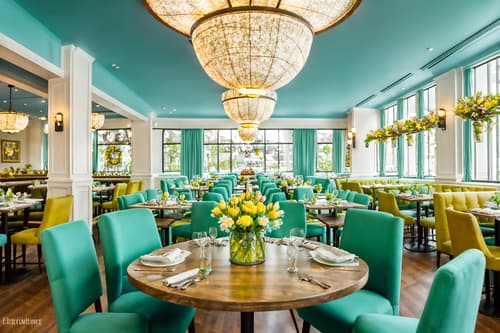 photo from pinterest of easter-style interior designed (restaurant interior) with restaurant dining tables and restaurant bar and restaurant chairs and restaurant decor and restaurant dining tables. . with spring decorations and light blue colors and flowers on table and colorful easter eggs and easter decorations and spring decorations. . cinematic photo, highly detailed, cinematic lighting, ultra-detailed, ultrarealistic, photorealism, 8k. trending on pinterest. easter interior design style. masterpiece, cinematic light, ultrarealistic+, photorealistic+, 8k, raw photo, realistic, sharp focus on eyes, (symmetrical eyes), (intact eyes), hyperrealistic, highest quality, best quality, , highly detailed, masterpiece, best quality, extremely detailed 8k wallpaper, masterpiece, best quality, ultra-detailed, best shadow, detailed background, detailed face, detailed eyes, high contrast, best illumination, detailed face, dulux, caustic, dynamic angle, detailed glow. dramatic lighting. highly detailed, insanely detailed hair, symmetrical, intricate details, professionally retouched, 8k high definition. strong bokeh. award winning photo.
