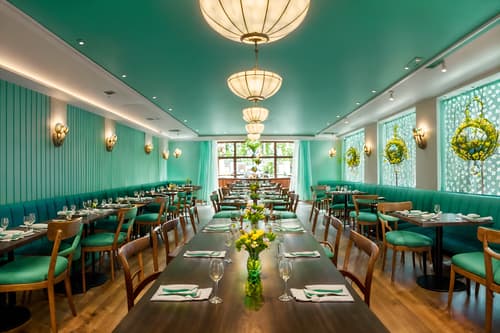 photo from pinterest of easter-style interior designed (restaurant interior) with restaurant dining tables and restaurant bar and restaurant chairs and restaurant decor and restaurant dining tables. . with spring decorations and light blue colors and flowers on table and colorful easter eggs and easter decorations and spring decorations. . cinematic photo, highly detailed, cinematic lighting, ultra-detailed, ultrarealistic, photorealism, 8k. trending on pinterest. easter interior design style. masterpiece, cinematic light, ultrarealistic+, photorealistic+, 8k, raw photo, realistic, sharp focus on eyes, (symmetrical eyes), (intact eyes), hyperrealistic, highest quality, best quality, , highly detailed, masterpiece, best quality, extremely detailed 8k wallpaper, masterpiece, best quality, ultra-detailed, best shadow, detailed background, detailed face, detailed eyes, high contrast, best illumination, detailed face, dulux, caustic, dynamic angle, detailed glow. dramatic lighting. highly detailed, insanely detailed hair, symmetrical, intricate details, professionally retouched, 8k high definition. strong bokeh. award winning photo.