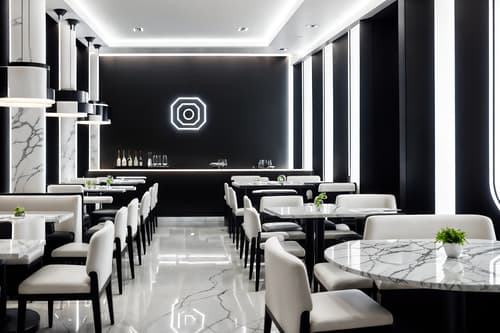 photo from pinterest of futuristic-style interior designed (restaurant interior) with restaurant decor and restaurant dining tables and restaurant chairs and restaurant bar and restaurant decor. . with minimalist clean lines and strong geometric walls and futuristic interior and smooth polished marble and floating surfaces and monochromatic palette and smooth marble and neutral background and bright accents. . cinematic photo, highly detailed, cinematic lighting, ultra-detailed, ultrarealistic, photorealism, 8k. trending on pinterest. futuristic interior design style. masterpiece, cinematic light, ultrarealistic+, photorealistic+, 8k, raw photo, realistic, sharp focus on eyes, (symmetrical eyes), (intact eyes), hyperrealistic, highest quality, best quality, , highly detailed, masterpiece, best quality, extremely detailed 8k wallpaper, masterpiece, best quality, ultra-detailed, best shadow, detailed background, detailed face, detailed eyes, high contrast, best illumination, detailed face, dulux, caustic, dynamic angle, detailed glow. dramatic lighting. highly detailed, insanely detailed hair, symmetrical, intricate details, professionally retouched, 8k high definition. strong bokeh. award winning photo.