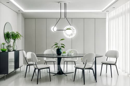photo from pinterest of futuristic-style interior designed (dining room interior) with table cloth and plant and vase and light or chandelier and dining table and dining table chairs and bookshelves and painting or photo on wall. . with futurism minimalist interior and spaceship interior and floating surfaces and steel finishing and monochromatic palette and circular shapes and minimalist clean lines and neutral background and bright accents. . cinematic photo, highly detailed, cinematic lighting, ultra-detailed, ultrarealistic, photorealism, 8k. trending on pinterest. futuristic interior design style. masterpiece, cinematic light, ultrarealistic+, photorealistic+, 8k, raw photo, realistic, sharp focus on eyes, (symmetrical eyes), (intact eyes), hyperrealistic, highest quality, best quality, , highly detailed, masterpiece, best quality, extremely detailed 8k wallpaper, masterpiece, best quality, ultra-detailed, best shadow, detailed background, detailed face, detailed eyes, high contrast, best illumination, detailed face, dulux, caustic, dynamic angle, detailed glow. dramatic lighting. highly detailed, insanely detailed hair, symmetrical, intricate details, professionally retouched, 8k high definition. strong bokeh. award winning photo.
