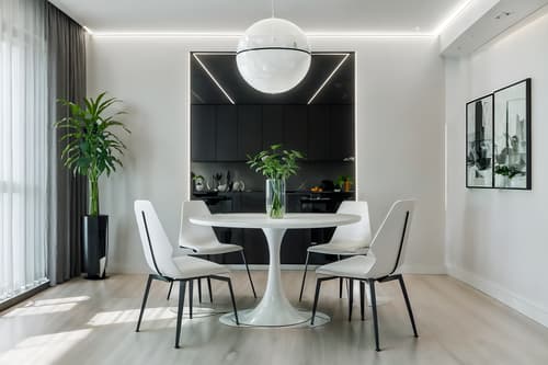 photo from pinterest of futuristic-style interior designed (dining room interior) with table cloth and plant and vase and light or chandelier and dining table and dining table chairs and bookshelves and painting or photo on wall. . with futurism minimalist interior and spaceship interior and floating surfaces and steel finishing and monochromatic palette and circular shapes and minimalist clean lines and neutral background and bright accents. . cinematic photo, highly detailed, cinematic lighting, ultra-detailed, ultrarealistic, photorealism, 8k. trending on pinterest. futuristic interior design style. masterpiece, cinematic light, ultrarealistic+, photorealistic+, 8k, raw photo, realistic, sharp focus on eyes, (symmetrical eyes), (intact eyes), hyperrealistic, highest quality, best quality, , highly detailed, masterpiece, best quality, extremely detailed 8k wallpaper, masterpiece, best quality, ultra-detailed, best shadow, detailed background, detailed face, detailed eyes, high contrast, best illumination, detailed face, dulux, caustic, dynamic angle, detailed glow. dramatic lighting. highly detailed, insanely detailed hair, symmetrical, intricate details, professionally retouched, 8k high definition. strong bokeh. award winning photo.