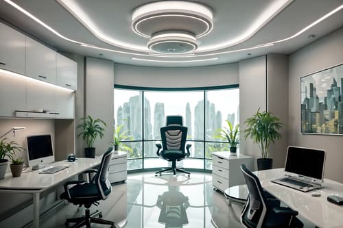 photo from pinterest of futuristic-style interior designed (home office interior) with desk lamp and plant and cabinets and computer desk and office chair and desk lamp. . with futurism minimalist interior and circular shapes and futuristic interior and smooth marble and light colors and monochromatic palette and neutral background and bright accents and glass panes. . cinematic photo, highly detailed, cinematic lighting, ultra-detailed, ultrarealistic, photorealism, 8k. trending on pinterest. futuristic interior design style. masterpiece, cinematic light, ultrarealistic+, photorealistic+, 8k, raw photo, realistic, sharp focus on eyes, (symmetrical eyes), (intact eyes), hyperrealistic, highest quality, best quality, , highly detailed, masterpiece, best quality, extremely detailed 8k wallpaper, masterpiece, best quality, ultra-detailed, best shadow, detailed background, detailed face, detailed eyes, high contrast, best illumination, detailed face, dulux, caustic, dynamic angle, detailed glow. dramatic lighting. highly detailed, insanely detailed hair, symmetrical, intricate details, professionally retouched, 8k high definition. strong bokeh. award winning photo.