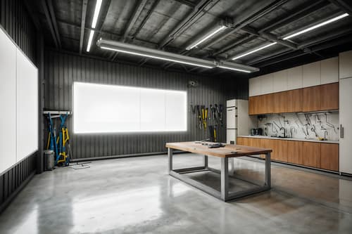 photo from pinterest of futuristic-style interior designed (workshop interior) with tool wall and wooden workbench and messy and tool wall. . with minimalist clean lines and light colors and smooth marble and floating surfaces and steel finishing and futuristic interior and strong geometric walls and neutral background and bright accents. . cinematic photo, highly detailed, cinematic lighting, ultra-detailed, ultrarealistic, photorealism, 8k. trending on pinterest. futuristic interior design style. masterpiece, cinematic light, ultrarealistic+, photorealistic+, 8k, raw photo, realistic, sharp focus on eyes, (symmetrical eyes), (intact eyes), hyperrealistic, highest quality, best quality, , highly detailed, masterpiece, best quality, extremely detailed 8k wallpaper, masterpiece, best quality, ultra-detailed, best shadow, detailed background, detailed face, detailed eyes, high contrast, best illumination, detailed face, dulux, caustic, dynamic angle, detailed glow. dramatic lighting. highly detailed, insanely detailed hair, symmetrical, intricate details, professionally retouched, 8k high definition. strong bokeh. award winning photo.