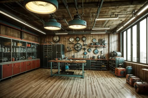 photo from pinterest of retro futuristic-style interior designed (workshop interior) with tool wall and messy and wooden workbench and tool wall. . with futurism minimalist interior and floating surfaces and vintage futurism and strong geometric walls and circular shapes and glass panes and neutral background and bright accents and steel finishing. . cinematic photo, highly detailed, cinematic lighting, ultra-detailed, ultrarealistic, photorealism, 8k. trending on pinterest. retro futuristic interior design style. masterpiece, cinematic light, ultrarealistic+, photorealistic+, 8k, raw photo, realistic, sharp focus on eyes, (symmetrical eyes), (intact eyes), hyperrealistic, highest quality, best quality, , highly detailed, masterpiece, best quality, extremely detailed 8k wallpaper, masterpiece, best quality, ultra-detailed, best shadow, detailed background, detailed face, detailed eyes, high contrast, best illumination, detailed face, dulux, caustic, dynamic angle, detailed glow. dramatic lighting. highly detailed, insanely detailed hair, symmetrical, intricate details, professionally retouched, 8k high definition. strong bokeh. award winning photo.