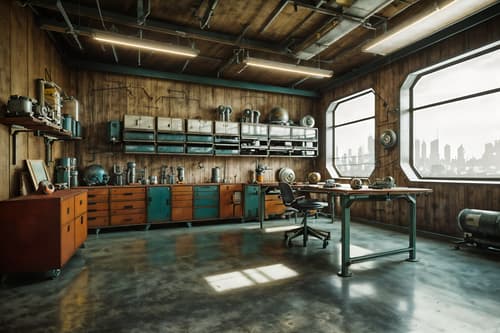 photo from pinterest of retro futuristic-style interior designed (workshop interior) with tool wall and messy and wooden workbench and tool wall. . with futurism minimalist interior and floating surfaces and vintage futurism and strong geometric walls and circular shapes and glass panes and neutral background and bright accents and steel finishing. . cinematic photo, highly detailed, cinematic lighting, ultra-detailed, ultrarealistic, photorealism, 8k. trending on pinterest. retro futuristic interior design style. masterpiece, cinematic light, ultrarealistic+, photorealistic+, 8k, raw photo, realistic, sharp focus on eyes, (symmetrical eyes), (intact eyes), hyperrealistic, highest quality, best quality, , highly detailed, masterpiece, best quality, extremely detailed 8k wallpaper, masterpiece, best quality, ultra-detailed, best shadow, detailed background, detailed face, detailed eyes, high contrast, best illumination, detailed face, dulux, caustic, dynamic angle, detailed glow. dramatic lighting. highly detailed, insanely detailed hair, symmetrical, intricate details, professionally retouched, 8k high definition. strong bokeh. award winning photo.