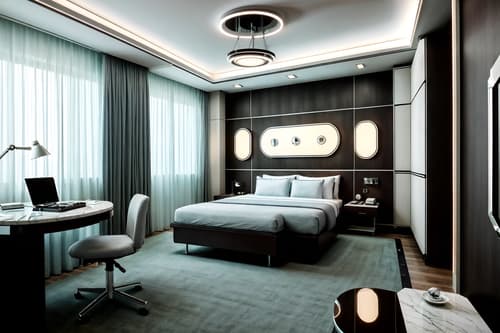 photo from pinterest of retro futuristic-style interior designed (hotel room interior) with bed and working desk with desk chair and hotel bathroom and plant and dresser closet and storage bench or ottoman and night light and mirror. . with futuristic interior and smooth polished marble and minimalist clean lines and strong geometric walls and floating surfaces and circular shapes and monochromatic palette and steel finishing. . cinematic photo, highly detailed, cinematic lighting, ultra-detailed, ultrarealistic, photorealism, 8k. trending on pinterest. retro futuristic interior design style. masterpiece, cinematic light, ultrarealistic+, photorealistic+, 8k, raw photo, realistic, sharp focus on eyes, (symmetrical eyes), (intact eyes), hyperrealistic, highest quality, best quality, , highly detailed, masterpiece, best quality, extremely detailed 8k wallpaper, masterpiece, best quality, ultra-detailed, best shadow, detailed background, detailed face, detailed eyes, high contrast, best illumination, detailed face, dulux, caustic, dynamic angle, detailed glow. dramatic lighting. highly detailed, insanely detailed hair, symmetrical, intricate details, professionally retouched, 8k high definition. strong bokeh. award winning photo.