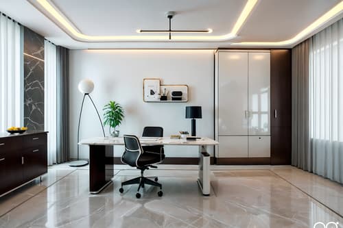 photo from pinterest of retro futuristic-style interior designed (home office interior) with desk lamp and computer desk and cabinets and plant and office chair and desk lamp. . with circular shapes and monochromatic palette and smooth marble and smooth polished marble and futuristic interior and neutral background and bright accents and minimalist clean lines and glass panes. . cinematic photo, highly detailed, cinematic lighting, ultra-detailed, ultrarealistic, photorealism, 8k. trending on pinterest. retro futuristic interior design style. masterpiece, cinematic light, ultrarealistic+, photorealistic+, 8k, raw photo, realistic, sharp focus on eyes, (symmetrical eyes), (intact eyes), hyperrealistic, highest quality, best quality, , highly detailed, masterpiece, best quality, extremely detailed 8k wallpaper, masterpiece, best quality, ultra-detailed, best shadow, detailed background, detailed face, detailed eyes, high contrast, best illumination, detailed face, dulux, caustic, dynamic angle, detailed glow. dramatic lighting. highly detailed, insanely detailed hair, symmetrical, intricate details, professionally retouched, 8k high definition. strong bokeh. award winning photo.