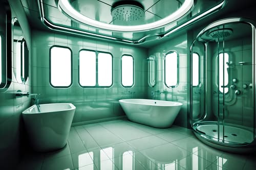 photo from pinterest of retro futuristic-style interior designed (bathroom interior) with mirror and shower and bathroom sink with faucet and waste basket and bath towel and bathtub and bath rail and bathroom cabinet. . with circular shapes and steel finishing and glass panes and light colors and futuristic interior and floating surfaces and futurism minimalist interior and strong geometric walls. . cinematic photo, highly detailed, cinematic lighting, ultra-detailed, ultrarealistic, photorealism, 8k. trending on pinterest. retro futuristic interior design style. masterpiece, cinematic light, ultrarealistic+, photorealistic+, 8k, raw photo, realistic, sharp focus on eyes, (symmetrical eyes), (intact eyes), hyperrealistic, highest quality, best quality, , highly detailed, masterpiece, best quality, extremely detailed 8k wallpaper, masterpiece, best quality, ultra-detailed, best shadow, detailed background, detailed face, detailed eyes, high contrast, best illumination, detailed face, dulux, caustic, dynamic angle, detailed glow. dramatic lighting. highly detailed, insanely detailed hair, symmetrical, intricate details, professionally retouched, 8k high definition. strong bokeh. award winning photo.