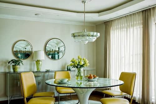 photo from pinterest of retro futuristic-style interior designed (dining room interior) with light or chandelier and table cloth and painting or photo on wall and vase and bookshelves and dining table chairs and plant and dining table. . with circular shapes and glass panes and smooth polished marble and neutral background and bright accents and light colors and vintage futurism and floating surfaces and minimalist clean lines. . cinematic photo, highly detailed, cinematic lighting, ultra-detailed, ultrarealistic, photorealism, 8k. trending on pinterest. retro futuristic interior design style. masterpiece, cinematic light, ultrarealistic+, photorealistic+, 8k, raw photo, realistic, sharp focus on eyes, (symmetrical eyes), (intact eyes), hyperrealistic, highest quality, best quality, , highly detailed, masterpiece, best quality, extremely detailed 8k wallpaper, masterpiece, best quality, ultra-detailed, best shadow, detailed background, detailed face, detailed eyes, high contrast, best illumination, detailed face, dulux, caustic, dynamic angle, detailed glow. dramatic lighting. highly detailed, insanely detailed hair, symmetrical, intricate details, professionally retouched, 8k high definition. strong bokeh. award winning photo.