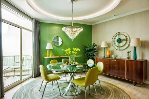 photo from pinterest of retro futuristic-style interior designed (dining room interior) with light or chandelier and table cloth and painting or photo on wall and vase and bookshelves and dining table chairs and plant and dining table. . with circular shapes and glass panes and smooth polished marble and neutral background and bright accents and light colors and vintage futurism and floating surfaces and minimalist clean lines. . cinematic photo, highly detailed, cinematic lighting, ultra-detailed, ultrarealistic, photorealism, 8k. trending on pinterest. retro futuristic interior design style. masterpiece, cinematic light, ultrarealistic+, photorealistic+, 8k, raw photo, realistic, sharp focus on eyes, (symmetrical eyes), (intact eyes), hyperrealistic, highest quality, best quality, , highly detailed, masterpiece, best quality, extremely detailed 8k wallpaper, masterpiece, best quality, ultra-detailed, best shadow, detailed background, detailed face, detailed eyes, high contrast, best illumination, detailed face, dulux, caustic, dynamic angle, detailed glow. dramatic lighting. highly detailed, insanely detailed hair, symmetrical, intricate details, professionally retouched, 8k high definition. strong bokeh. award winning photo.