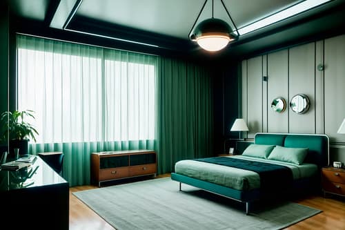 photo from pinterest of retro futuristic-style interior designed (bedroom interior) with night light and mirror and bed and dresser closet and storage bench or ottoman and headboard and accent chair and plant. . with glass panes and vintage futurism and circular shapes and steel finishing and minimalist clean lines and monochromatic palette and light colors and strong geometric walls. . cinematic photo, highly detailed, cinematic lighting, ultra-detailed, ultrarealistic, photorealism, 8k. trending on pinterest. retro futuristic interior design style. masterpiece, cinematic light, ultrarealistic+, photorealistic+, 8k, raw photo, realistic, sharp focus on eyes, (symmetrical eyes), (intact eyes), hyperrealistic, highest quality, best quality, , highly detailed, masterpiece, best quality, extremely detailed 8k wallpaper, masterpiece, best quality, ultra-detailed, best shadow, detailed background, detailed face, detailed eyes, high contrast, best illumination, detailed face, dulux, caustic, dynamic angle, detailed glow. dramatic lighting. highly detailed, insanely detailed hair, symmetrical, intricate details, professionally retouched, 8k high definition. strong bokeh. award winning photo.