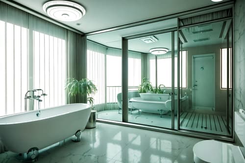 photo from pinterest of retro futuristic-style interior designed (hotel bathroom interior) with mirror and plant and bath towel and shower and bathtub and bathroom cabinet and toilet seat and bathroom sink with faucet. . with neutral background and bright accents and steel finishing and light colors and futuristic interior and floating surfaces and glass panes and circular shapes and minimalist clean lines. . cinematic photo, highly detailed, cinematic lighting, ultra-detailed, ultrarealistic, photorealism, 8k. trending on pinterest. retro futuristic interior design style. masterpiece, cinematic light, ultrarealistic+, photorealistic+, 8k, raw photo, realistic, sharp focus on eyes, (symmetrical eyes), (intact eyes), hyperrealistic, highest quality, best quality, , highly detailed, masterpiece, best quality, extremely detailed 8k wallpaper, masterpiece, best quality, ultra-detailed, best shadow, detailed background, detailed face, detailed eyes, high contrast, best illumination, detailed face, dulux, caustic, dynamic angle, detailed glow. dramatic lighting. highly detailed, insanely detailed hair, symmetrical, intricate details, professionally retouched, 8k high definition. strong bokeh. award winning photo.
