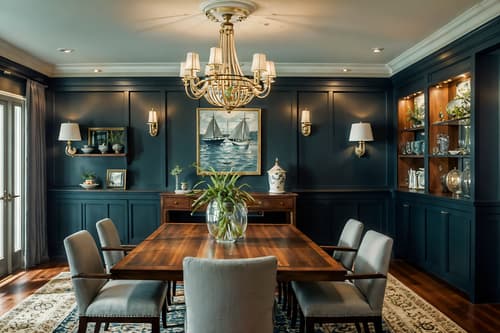 photo from pinterest of nautical-style interior designed (dining room interior) with painting or photo on wall and dining table chairs and dining table and table cloth and light or chandelier and plant and bookshelves and vase. . . cinematic photo, highly detailed, cinematic lighting, ultra-detailed, ultrarealistic, photorealism, 8k. trending on pinterest. nautical interior design style. masterpiece, cinematic light, ultrarealistic+, photorealistic+, 8k, raw photo, realistic, sharp focus on eyes, (symmetrical eyes), (intact eyes), hyperrealistic, highest quality, best quality, , highly detailed, masterpiece, best quality, extremely detailed 8k wallpaper, masterpiece, best quality, ultra-detailed, best shadow, detailed background, detailed face, detailed eyes, high contrast, best illumination, detailed face, dulux, caustic, dynamic angle, detailed glow. dramatic lighting. highly detailed, insanely detailed hair, symmetrical, intricate details, professionally retouched, 8k high definition. strong bokeh. award winning photo.