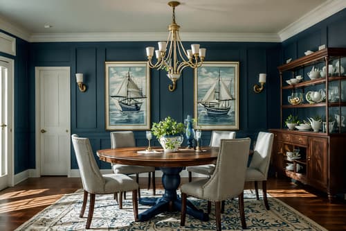 photo from pinterest of nautical-style interior designed (dining room interior) with painting or photo on wall and dining table chairs and dining table and table cloth and light or chandelier and plant and bookshelves and vase. . . cinematic photo, highly detailed, cinematic lighting, ultra-detailed, ultrarealistic, photorealism, 8k. trending on pinterest. nautical interior design style. masterpiece, cinematic light, ultrarealistic+, photorealistic+, 8k, raw photo, realistic, sharp focus on eyes, (symmetrical eyes), (intact eyes), hyperrealistic, highest quality, best quality, , highly detailed, masterpiece, best quality, extremely detailed 8k wallpaper, masterpiece, best quality, ultra-detailed, best shadow, detailed background, detailed face, detailed eyes, high contrast, best illumination, detailed face, dulux, caustic, dynamic angle, detailed glow. dramatic lighting. highly detailed, insanely detailed hair, symmetrical, intricate details, professionally retouched, 8k high definition. strong bokeh. award winning photo.
