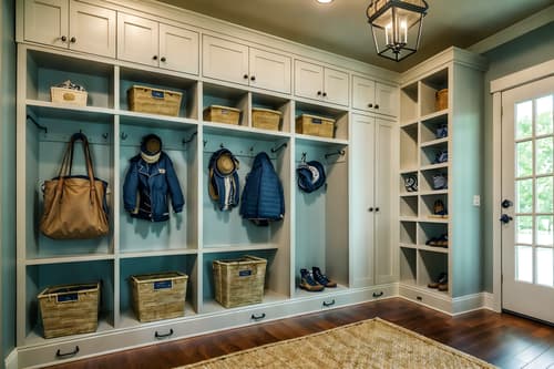 photo from pinterest of nautical-style interior designed (mudroom interior) with a bench and cubbies and storage drawers and wall hooks for coats and cabinets and shelves for shoes and storage baskets and high up storage. . . cinematic photo, highly detailed, cinematic lighting, ultra-detailed, ultrarealistic, photorealism, 8k. trending on pinterest. nautical interior design style. masterpiece, cinematic light, ultrarealistic+, photorealistic+, 8k, raw photo, realistic, sharp focus on eyes, (symmetrical eyes), (intact eyes), hyperrealistic, highest quality, best quality, , highly detailed, masterpiece, best quality, extremely detailed 8k wallpaper, masterpiece, best quality, ultra-detailed, best shadow, detailed background, detailed face, detailed eyes, high contrast, best illumination, detailed face, dulux, caustic, dynamic angle, detailed glow. dramatic lighting. highly detailed, insanely detailed hair, symmetrical, intricate details, professionally retouched, 8k high definition. strong bokeh. award winning photo.