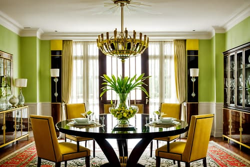 photo from pinterest of art deco-style interior designed (dining room interior) with plates, cutlery and glasses on dining table and plant and dining table chairs and bookshelves and vase and table cloth and painting or photo on wall and light or chandelier. . with exuberant shapes and decadent detail and geometric lines and glamour and symmetrical designs and rich colors and luxury and bright and cheerful colors. . cinematic photo, highly detailed, cinematic lighting, ultra-detailed, ultrarealistic, photorealism, 8k. trending on pinterest. art deco interior design style. masterpiece, cinematic light, ultrarealistic+, photorealistic+, 8k, raw photo, realistic, sharp focus on eyes, (symmetrical eyes), (intact eyes), hyperrealistic, highest quality, best quality, , highly detailed, masterpiece, best quality, extremely detailed 8k wallpaper, masterpiece, best quality, ultra-detailed, best shadow, detailed background, detailed face, detailed eyes, high contrast, best illumination, detailed face, dulux, caustic, dynamic angle, detailed glow. dramatic lighting. highly detailed, insanely detailed hair, symmetrical, intricate details, professionally retouched, 8k high definition. strong bokeh. award winning photo.