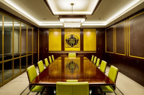photo from pinterest of art deco-style interior designed (meeting room interior) with boardroom table and plant and office chairs and cabinets and glass doors and painting or photo on wall and glass walls and vase. . with symmetrical designs and luxury and bold geometry and geometric shapes and smooth lines and bright and cheerful colors and geometric lines and decadent detail. . cinematic photo, highly detailed, cinematic lighting, ultra-detailed, ultrarealistic, photorealism, 8k. trending on pinterest. art deco interior design style. masterpiece, cinematic light, ultrarealistic+, photorealistic+, 8k, raw photo, realistic, sharp focus on eyes, (symmetrical eyes), (intact eyes), hyperrealistic, highest quality, best quality, , highly detailed, masterpiece, best quality, extremely detailed 8k wallpaper, masterpiece, best quality, ultra-detailed, best shadow, detailed background, detailed face, detailed eyes, high contrast, best illumination, detailed face, dulux, caustic, dynamic angle, detailed glow. dramatic lighting. highly detailed, insanely detailed hair, symmetrical, intricate details, professionally retouched, 8k high definition. strong bokeh. award winning photo.