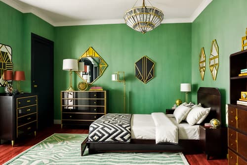 photo from pinterest of art deco-style interior designed (kids room interior) with bedside table or night stand and dresser closet and plant and bed and night light and mirror and accent chair and headboard. . with abstract patterns and rich colors and angular shapes and decadent detail and exuberant shapes and geometric shapes and symmetrical designs and smooth lines. . cinematic photo, highly detailed, cinematic lighting, ultra-detailed, ultrarealistic, photorealism, 8k. trending on pinterest. art deco interior design style. masterpiece, cinematic light, ultrarealistic+, photorealistic+, 8k, raw photo, realistic, sharp focus on eyes, (symmetrical eyes), (intact eyes), hyperrealistic, highest quality, best quality, , highly detailed, masterpiece, best quality, extremely detailed 8k wallpaper, masterpiece, best quality, ultra-detailed, best shadow, detailed background, detailed face, detailed eyes, high contrast, best illumination, detailed face, dulux, caustic, dynamic angle, detailed glow. dramatic lighting. highly detailed, insanely detailed hair, symmetrical, intricate details, professionally retouched, 8k high definition. strong bokeh. award winning photo.