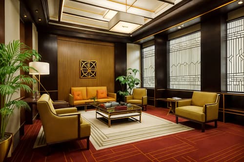 photo from pinterest of art deco-style interior designed (office interior) with plants and windows and office desks and lounge chairs and desk lamps and cabinets and seating area with sofa and office chairs. . with angular shapes and bold geometry and symmetrical designs and geometric shapes and decadent detail and rich colors and stream-lined forms and abstract patterns. . cinematic photo, highly detailed, cinematic lighting, ultra-detailed, ultrarealistic, photorealism, 8k. trending on pinterest. art deco interior design style. masterpiece, cinematic light, ultrarealistic+, photorealistic+, 8k, raw photo, realistic, sharp focus on eyes, (symmetrical eyes), (intact eyes), hyperrealistic, highest quality, best quality, , highly detailed, masterpiece, best quality, extremely detailed 8k wallpaper, masterpiece, best quality, ultra-detailed, best shadow, detailed background, detailed face, detailed eyes, high contrast, best illumination, detailed face, dulux, caustic, dynamic angle, detailed glow. dramatic lighting. highly detailed, insanely detailed hair, symmetrical, intricate details, professionally retouched, 8k high definition. strong bokeh. award winning photo.