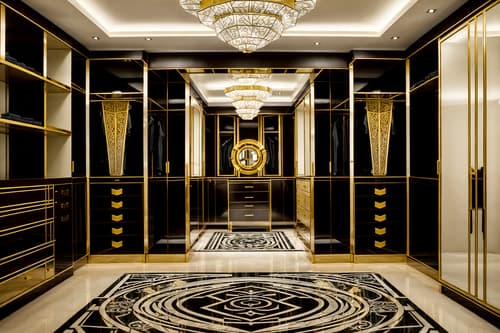 photo from pinterest of art deco-style interior designed (walk in closet interior) . with symmetrical designs and stream-lined forms and exuberant shapes and abstract patterns and luxury and glamour and geometric shapes and decadent detail. . cinematic photo, highly detailed, cinematic lighting, ultra-detailed, ultrarealistic, photorealism, 8k. trending on pinterest. art deco interior design style. masterpiece, cinematic light, ultrarealistic+, photorealistic+, 8k, raw photo, realistic, sharp focus on eyes, (symmetrical eyes), (intact eyes), hyperrealistic, highest quality, best quality, , highly detailed, masterpiece, best quality, extremely detailed 8k wallpaper, masterpiece, best quality, ultra-detailed, best shadow, detailed background, detailed face, detailed eyes, high contrast, best illumination, detailed face, dulux, caustic, dynamic angle, detailed glow. dramatic lighting. highly detailed, insanely detailed hair, symmetrical, intricate details, professionally retouched, 8k high definition. strong bokeh. award winning photo.