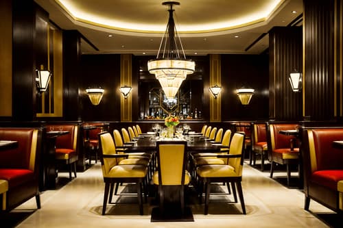 photo from pinterest of art deco-style interior designed (restaurant interior) with restaurant chairs and restaurant dining tables and restaurant bar and restaurant decor and restaurant chairs. . with luxury and glamour and geometric lines and smooth lines and geometric shapes and exuberant shapes and decadent detail and bright and cheerful colors. . cinematic photo, highly detailed, cinematic lighting, ultra-detailed, ultrarealistic, photorealism, 8k. trending on pinterest. art deco interior design style. masterpiece, cinematic light, ultrarealistic+, photorealistic+, 8k, raw photo, realistic, sharp focus on eyes, (symmetrical eyes), (intact eyes), hyperrealistic, highest quality, best quality, , highly detailed, masterpiece, best quality, extremely detailed 8k wallpaper, masterpiece, best quality, ultra-detailed, best shadow, detailed background, detailed face, detailed eyes, high contrast, best illumination, detailed face, dulux, caustic, dynamic angle, detailed glow. dramatic lighting. highly detailed, insanely detailed hair, symmetrical, intricate details, professionally retouched, 8k high definition. strong bokeh. award winning photo.