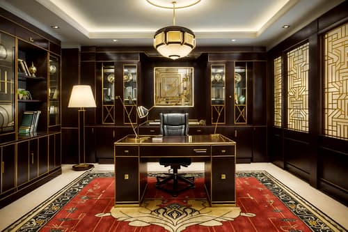 photo from pinterest of art deco-style interior designed (home office interior) with computer desk and desk lamp and plant and office chair and cabinets and computer desk. . with decadent detail and luxury and glamour and abstract patterns and exuberant shapes and geometric shapes and symmetrical designs and smooth lines. . cinematic photo, highly detailed, cinematic lighting, ultra-detailed, ultrarealistic, photorealism, 8k. trending on pinterest. art deco interior design style. masterpiece, cinematic light, ultrarealistic+, photorealistic+, 8k, raw photo, realistic, sharp focus on eyes, (symmetrical eyes), (intact eyes), hyperrealistic, highest quality, best quality, , highly detailed, masterpiece, best quality, extremely detailed 8k wallpaper, masterpiece, best quality, ultra-detailed, best shadow, detailed background, detailed face, detailed eyes, high contrast, best illumination, detailed face, dulux, caustic, dynamic angle, detailed glow. dramatic lighting. highly detailed, insanely detailed hair, symmetrical, intricate details, professionally retouched, 8k high definition. strong bokeh. award winning photo.