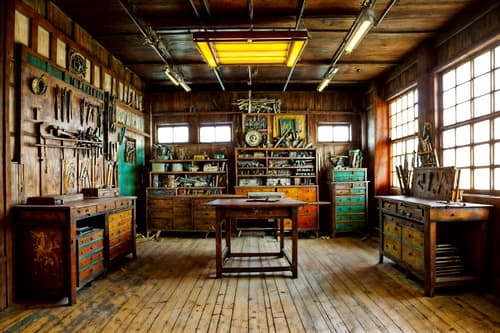 photo from pinterest of art deco-style interior designed (workshop interior) with wooden workbench and messy and tool wall and wooden workbench. . with abstract patterns and glamour and bright and cheerful colors and rich colors and stream-lined forms and bold geometry and symmetrical designs and smooth lines. . cinematic photo, highly detailed, cinematic lighting, ultra-detailed, ultrarealistic, photorealism, 8k. trending on pinterest. art deco interior design style. masterpiece, cinematic light, ultrarealistic+, photorealistic+, 8k, raw photo, realistic, sharp focus on eyes, (symmetrical eyes), (intact eyes), hyperrealistic, highest quality, best quality, , highly detailed, masterpiece, best quality, extremely detailed 8k wallpaper, masterpiece, best quality, ultra-detailed, best shadow, detailed background, detailed face, detailed eyes, high contrast, best illumination, detailed face, dulux, caustic, dynamic angle, detailed glow. dramatic lighting. highly detailed, insanely detailed hair, symmetrical, intricate details, professionally retouched, 8k high definition. strong bokeh. award winning photo.