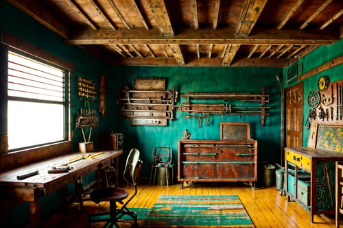 photo from pinterest of art deco-style interior designed (workshop interior) with wooden workbench and messy and tool wall and wooden workbench. . with abstract patterns and glamour and bright and cheerful colors and rich colors and stream-lined forms and bold geometry and symmetrical designs and smooth lines. . cinematic photo, highly detailed, cinematic lighting, ultra-detailed, ultrarealistic, photorealism, 8k. trending on pinterest. art deco interior design style. masterpiece, cinematic light, ultrarealistic+, photorealistic+, 8k, raw photo, realistic, sharp focus on eyes, (symmetrical eyes), (intact eyes), hyperrealistic, highest quality, best quality, , highly detailed, masterpiece, best quality, extremely detailed 8k wallpaper, masterpiece, best quality, ultra-detailed, best shadow, detailed background, detailed face, detailed eyes, high contrast, best illumination, detailed face, dulux, caustic, dynamic angle, detailed glow. dramatic lighting. highly detailed, insanely detailed hair, symmetrical, intricate details, professionally retouched, 8k high definition. strong bokeh. award winning photo.