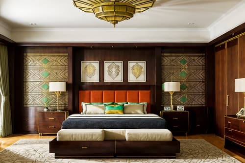 photo from pinterest of art deco-style interior designed (bedroom interior) with plant and dresser closet and storage bench or ottoman and accent chair and night light and headboard and bed and bedside table or night stand. . with glamour and geometric shapes and abstract patterns and stream-lined forms and rich colors and bright and cheerful colors and decadent detail and exuberant shapes. . cinematic photo, highly detailed, cinematic lighting, ultra-detailed, ultrarealistic, photorealism, 8k. trending on pinterest. art deco interior design style. masterpiece, cinematic light, ultrarealistic+, photorealistic+, 8k, raw photo, realistic, sharp focus on eyes, (symmetrical eyes), (intact eyes), hyperrealistic, highest quality, best quality, , highly detailed, masterpiece, best quality, extremely detailed 8k wallpaper, masterpiece, best quality, ultra-detailed, best shadow, detailed background, detailed face, detailed eyes, high contrast, best illumination, detailed face, dulux, caustic, dynamic angle, detailed glow. dramatic lighting. highly detailed, insanely detailed hair, symmetrical, intricate details, professionally retouched, 8k high definition. strong bokeh. award winning photo.