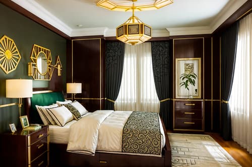 photo from pinterest of art deco-style interior designed (bedroom interior) with plant and dresser closet and storage bench or ottoman and accent chair and night light and headboard and bed and bedside table or night stand. . with glamour and geometric shapes and abstract patterns and stream-lined forms and rich colors and bright and cheerful colors and decadent detail and exuberant shapes. . cinematic photo, highly detailed, cinematic lighting, ultra-detailed, ultrarealistic, photorealism, 8k. trending on pinterest. art deco interior design style. masterpiece, cinematic light, ultrarealistic+, photorealistic+, 8k, raw photo, realistic, sharp focus on eyes, (symmetrical eyes), (intact eyes), hyperrealistic, highest quality, best quality, , highly detailed, masterpiece, best quality, extremely detailed 8k wallpaper, masterpiece, best quality, ultra-detailed, best shadow, detailed background, detailed face, detailed eyes, high contrast, best illumination, detailed face, dulux, caustic, dynamic angle, detailed glow. dramatic lighting. highly detailed, insanely detailed hair, symmetrical, intricate details, professionally retouched, 8k high definition. strong bokeh. award winning photo.