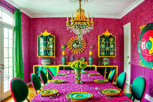 photo from pinterest of maximalist-style interior designed (dining room interior) with plates, cutlery and glasses on dining table and dining table and table cloth and painting or photo on wall and vase and dining table chairs and light or chandelier and bookshelves. . with more is more philosophy and bold colors and bold design and eye-catching and playful and vibrant and bold creativity and bold patterns. . cinematic photo, highly detailed, cinematic lighting, ultra-detailed, ultrarealistic, photorealism, 8k. trending on pinterest. maximalist interior design style. masterpiece, cinematic light, ultrarealistic+, photorealistic+, 8k, raw photo, realistic, sharp focus on eyes, (symmetrical eyes), (intact eyes), hyperrealistic, highest quality, best quality, , highly detailed, masterpiece, best quality, extremely detailed 8k wallpaper, masterpiece, best quality, ultra-detailed, best shadow, detailed background, detailed face, detailed eyes, high contrast, best illumination, detailed face, dulux, caustic, dynamic angle, detailed glow. dramatic lighting. highly detailed, insanely detailed hair, symmetrical, intricate details, professionally retouched, 8k high definition. strong bokeh. award winning photo.