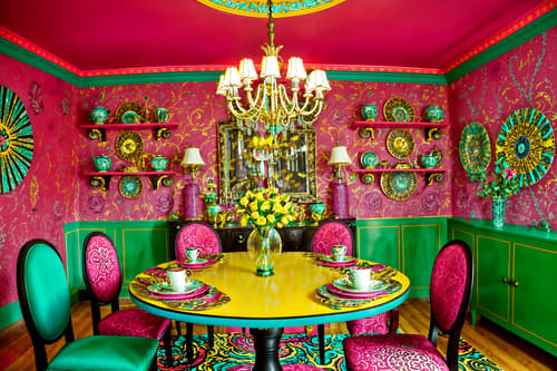 photo from pinterest of maximalist-style interior designed (dining room interior) with plates, cutlery and glasses on dining table and dining table and table cloth and painting or photo on wall and vase and dining table chairs and light or chandelier and bookshelves. . with more is more philosophy and bold colors and bold design and eye-catching and playful and vibrant and bold creativity and bold patterns. . cinematic photo, highly detailed, cinematic lighting, ultra-detailed, ultrarealistic, photorealism, 8k. trending on pinterest. maximalist interior design style. masterpiece, cinematic light, ultrarealistic+, photorealistic+, 8k, raw photo, realistic, sharp focus on eyes, (symmetrical eyes), (intact eyes), hyperrealistic, highest quality, best quality, , highly detailed, masterpiece, best quality, extremely detailed 8k wallpaper, masterpiece, best quality, ultra-detailed, best shadow, detailed background, detailed face, detailed eyes, high contrast, best illumination, detailed face, dulux, caustic, dynamic angle, detailed glow. dramatic lighting. highly detailed, insanely detailed hair, symmetrical, intricate details, professionally retouched, 8k high definition. strong bokeh. award winning photo.