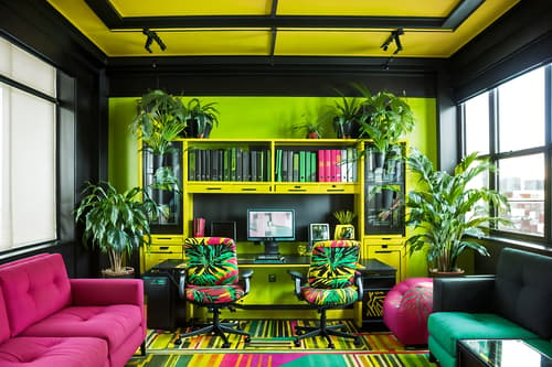 photo from pinterest of maximalist-style interior designed (office interior) with cabinets and plants and windows and computer desks and office desks and lounge chairs and desk lamps and seating area with sofa. . with vibrant and over-the-top aesthetic and more is more philosophy and eye-catching and bold creativity and bold colors and bold patterns and bold design. . cinematic photo, highly detailed, cinematic lighting, ultra-detailed, ultrarealistic, photorealism, 8k. trending on pinterest. maximalist interior design style. masterpiece, cinematic light, ultrarealistic+, photorealistic+, 8k, raw photo, realistic, sharp focus on eyes, (symmetrical eyes), (intact eyes), hyperrealistic, highest quality, best quality, , highly detailed, masterpiece, best quality, extremely detailed 8k wallpaper, masterpiece, best quality, ultra-detailed, best shadow, detailed background, detailed face, detailed eyes, high contrast, best illumination, detailed face, dulux, caustic, dynamic angle, detailed glow. dramatic lighting. highly detailed, insanely detailed hair, symmetrical, intricate details, professionally retouched, 8k high definition. strong bokeh. award winning photo.