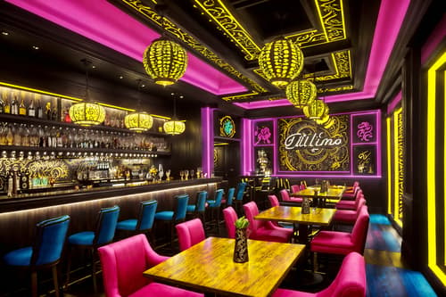 photo from pinterest of maximalist-style interior designed (restaurant interior) with restaurant bar and restaurant dining tables and restaurant decor and restaurant chairs and restaurant bar. . with playful and over-the-top aesthetic and bold patterns and bold creativity and eye-catching and bold design and bold colors and more is more philosophy. . cinematic photo, highly detailed, cinematic lighting, ultra-detailed, ultrarealistic, photorealism, 8k. trending on pinterest. maximalist interior design style. masterpiece, cinematic light, ultrarealistic+, photorealistic+, 8k, raw photo, realistic, sharp focus on eyes, (symmetrical eyes), (intact eyes), hyperrealistic, highest quality, best quality, , highly detailed, masterpiece, best quality, extremely detailed 8k wallpaper, masterpiece, best quality, ultra-detailed, best shadow, detailed background, detailed face, detailed eyes, high contrast, best illumination, detailed face, dulux, caustic, dynamic angle, detailed glow. dramatic lighting. highly detailed, insanely detailed hair, symmetrical, intricate details, professionally retouched, 8k high definition. strong bokeh. award winning photo.