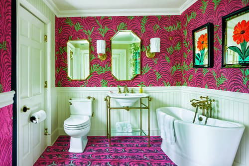 photo from pinterest of maximalist-style interior designed (hotel bathroom interior) with bathroom cabinet and mirror and waste basket and bathroom sink with faucet and bathtub and shower and plant and toilet seat. . with bold patterns and bold colors and more is more philosophy and eye-catching and over-the-top aesthetic and bold creativity and playful and bold design. . cinematic photo, highly detailed, cinematic lighting, ultra-detailed, ultrarealistic, photorealism, 8k. trending on pinterest. maximalist interior design style. masterpiece, cinematic light, ultrarealistic+, photorealistic+, 8k, raw photo, realistic, sharp focus on eyes, (symmetrical eyes), (intact eyes), hyperrealistic, highest quality, best quality, , highly detailed, masterpiece, best quality, extremely detailed 8k wallpaper, masterpiece, best quality, ultra-detailed, best shadow, detailed background, detailed face, detailed eyes, high contrast, best illumination, detailed face, dulux, caustic, dynamic angle, detailed glow. dramatic lighting. highly detailed, insanely detailed hair, symmetrical, intricate details, professionally retouched, 8k high definition. strong bokeh. award winning photo.