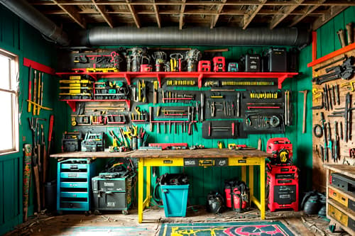 photo from pinterest of maximalist-style interior designed (workshop interior) with tool wall and wooden workbench and messy and tool wall. . with playful and over-the-top aesthetic and bold colors and bold patterns and vibrant and eye-catching and bold design and bold creativity. . cinematic photo, highly detailed, cinematic lighting, ultra-detailed, ultrarealistic, photorealism, 8k. trending on pinterest. maximalist interior design style. masterpiece, cinematic light, ultrarealistic+, photorealistic+, 8k, raw photo, realistic, sharp focus on eyes, (symmetrical eyes), (intact eyes), hyperrealistic, highest quality, best quality, , highly detailed, masterpiece, best quality, extremely detailed 8k wallpaper, masterpiece, best quality, ultra-detailed, best shadow, detailed background, detailed face, detailed eyes, high contrast, best illumination, detailed face, dulux, caustic, dynamic angle, detailed glow. dramatic lighting. highly detailed, insanely detailed hair, symmetrical, intricate details, professionally retouched, 8k high definition. strong bokeh. award winning photo.