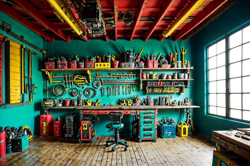 photo from pinterest of maximalist-style interior designed (workshop interior) with tool wall and wooden workbench and messy and tool wall. . with playful and over-the-top aesthetic and bold colors and bold patterns and vibrant and eye-catching and bold design and bold creativity. . cinematic photo, highly detailed, cinematic lighting, ultra-detailed, ultrarealistic, photorealism, 8k. trending on pinterest. maximalist interior design style. masterpiece, cinematic light, ultrarealistic+, photorealistic+, 8k, raw photo, realistic, sharp focus on eyes, (symmetrical eyes), (intact eyes), hyperrealistic, highest quality, best quality, , highly detailed, masterpiece, best quality, extremely detailed 8k wallpaper, masterpiece, best quality, ultra-detailed, best shadow, detailed background, detailed face, detailed eyes, high contrast, best illumination, detailed face, dulux, caustic, dynamic angle, detailed glow. dramatic lighting. highly detailed, insanely detailed hair, symmetrical, intricate details, professionally retouched, 8k high definition. strong bokeh. award winning photo.