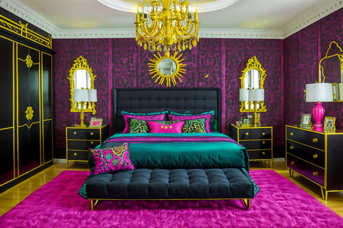 photo from pinterest of maximalist-style interior designed (bedroom interior) with mirror and bedside table or night stand and plant and dresser closet and bed and accent chair and night light and headboard. . with more is more philosophy and over-the-top aesthetic and playful and bold patterns and bold colors and bold creativity and bold design and vibrant. . cinematic photo, highly detailed, cinematic lighting, ultra-detailed, ultrarealistic, photorealism, 8k. trending on pinterest. maximalist interior design style. masterpiece, cinematic light, ultrarealistic+, photorealistic+, 8k, raw photo, realistic, sharp focus on eyes, (symmetrical eyes), (intact eyes), hyperrealistic, highest quality, best quality, , highly detailed, masterpiece, best quality, extremely detailed 8k wallpaper, masterpiece, best quality, ultra-detailed, best shadow, detailed background, detailed face, detailed eyes, high contrast, best illumination, detailed face, dulux, caustic, dynamic angle, detailed glow. dramatic lighting. highly detailed, insanely detailed hair, symmetrical, intricate details, professionally retouched, 8k high definition. strong bokeh. award winning photo.