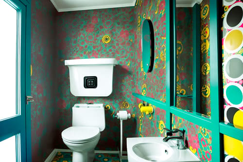 photo from pinterest of maximalist-style interior designed (toilet interior) with sink with tap and toilet with toilet seat up and toilet paper hanger and sink with tap. . with bold creativity and eye-catching and more is more philosophy and vibrant and bold design and bold colors and over-the-top aesthetic and playful. . cinematic photo, highly detailed, cinematic lighting, ultra-detailed, ultrarealistic, photorealism, 8k. trending on pinterest. maximalist interior design style. masterpiece, cinematic light, ultrarealistic+, photorealistic+, 8k, raw photo, realistic, sharp focus on eyes, (symmetrical eyes), (intact eyes), hyperrealistic, highest quality, best quality, , highly detailed, masterpiece, best quality, extremely detailed 8k wallpaper, masterpiece, best quality, ultra-detailed, best shadow, detailed background, detailed face, detailed eyes, high contrast, best illumination, detailed face, dulux, caustic, dynamic angle, detailed glow. dramatic lighting. highly detailed, insanely detailed hair, symmetrical, intricate details, professionally retouched, 8k high definition. strong bokeh. award winning photo.