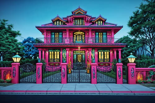 photo from pinterest of maximalist-style exterior designed (house exterior exterior) . with more is more philosophy and eye-catching and bold colors and bold patterns and vibrant and bold creativity and playful and over-the-top aesthetic. . cinematic photo, highly detailed, cinematic lighting, ultra-detailed, ultrarealistic, photorealism, 8k. trending on pinterest. maximalist exterior design style. masterpiece, cinematic light, ultrarealistic+, photorealistic+, 8k, raw photo, realistic, sharp focus on eyes, (symmetrical eyes), (intact eyes), hyperrealistic, highest quality, best quality, , highly detailed, masterpiece, best quality, extremely detailed 8k wallpaper, masterpiece, best quality, ultra-detailed, best shadow, detailed background, detailed face, detailed eyes, high contrast, best illumination, detailed face, dulux, caustic, dynamic angle, detailed glow. dramatic lighting. highly detailed, insanely detailed hair, symmetrical, intricate details, professionally retouched, 8k high definition. strong bokeh. award winning photo.