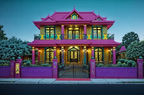 photo from pinterest of maximalist-style exterior designed (house exterior exterior) . with more is more philosophy and eye-catching and bold colors and bold patterns and vibrant and bold creativity and playful and over-the-top aesthetic. . cinematic photo, highly detailed, cinematic lighting, ultra-detailed, ultrarealistic, photorealism, 8k. trending on pinterest. maximalist exterior design style. masterpiece, cinematic light, ultrarealistic+, photorealistic+, 8k, raw photo, realistic, sharp focus on eyes, (symmetrical eyes), (intact eyes), hyperrealistic, highest quality, best quality, , highly detailed, masterpiece, best quality, extremely detailed 8k wallpaper, masterpiece, best quality, ultra-detailed, best shadow, detailed background, detailed face, detailed eyes, high contrast, best illumination, detailed face, dulux, caustic, dynamic angle, detailed glow. dramatic lighting. highly detailed, insanely detailed hair, symmetrical, intricate details, professionally retouched, 8k high definition. strong bokeh. award winning photo.