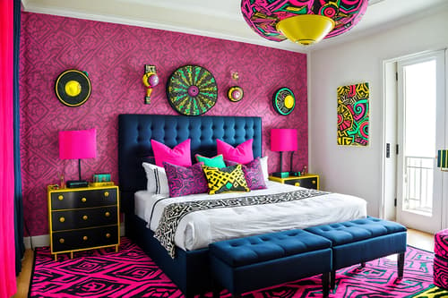 photo from pinterest of maximalist-style interior designed (hotel room interior) with bed and hotel bathroom and headboard and storage bench or ottoman and bedside table or night stand and dresser closet and night light and working desk with desk chair. . with bold patterns and playful and eye-catching and bold creativity and over-the-top aesthetic and bold design and vibrant and bold colors. . cinematic photo, highly detailed, cinematic lighting, ultra-detailed, ultrarealistic, photorealism, 8k. trending on pinterest. maximalist interior design style. masterpiece, cinematic light, ultrarealistic+, photorealistic+, 8k, raw photo, realistic, sharp focus on eyes, (symmetrical eyes), (intact eyes), hyperrealistic, highest quality, best quality, , highly detailed, masterpiece, best quality, extremely detailed 8k wallpaper, masterpiece, best quality, ultra-detailed, best shadow, detailed background, detailed face, detailed eyes, high contrast, best illumination, detailed face, dulux, caustic, dynamic angle, detailed glow. dramatic lighting. highly detailed, insanely detailed hair, symmetrical, intricate details, professionally retouched, 8k high definition. strong bokeh. award winning photo.