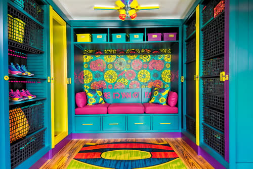 photo from pinterest of maximalist-style interior designed (drop zone interior) with storage baskets and a bench and lockers and cubbies and storage drawers and shelves for shoes and high up storage and wall hooks for coats. . with bold design and bold colors and over-the-top aesthetic and bold creativity and more is more philosophy and playful and bold patterns and vibrant. . cinematic photo, highly detailed, cinematic lighting, ultra-detailed, ultrarealistic, photorealism, 8k. trending on pinterest. maximalist interior design style. masterpiece, cinematic light, ultrarealistic+, photorealistic+, 8k, raw photo, realistic, sharp focus on eyes, (symmetrical eyes), (intact eyes), hyperrealistic, highest quality, best quality, , highly detailed, masterpiece, best quality, extremely detailed 8k wallpaper, masterpiece, best quality, ultra-detailed, best shadow, detailed background, detailed face, detailed eyes, high contrast, best illumination, detailed face, dulux, caustic, dynamic angle, detailed glow. dramatic lighting. highly detailed, insanely detailed hair, symmetrical, intricate details, professionally retouched, 8k high definition. strong bokeh. award winning photo.