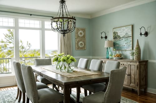 photo from pinterest of coastal-style interior designed (dining room interior) with table cloth and dining table chairs and vase and dining table and light or chandelier and plant and painting or photo on wall and plates, cutlery and glasses on dining table. . with . . cinematic photo, highly detailed, cinematic lighting, ultra-detailed, ultrarealistic, photorealism, 8k. trending on pinterest. coastal interior design style. masterpiece, cinematic light, ultrarealistic+, photorealistic+, 8k, raw photo, realistic, sharp focus on eyes, (symmetrical eyes), (intact eyes), hyperrealistic, highest quality, best quality, , highly detailed, masterpiece, best quality, extremely detailed 8k wallpaper, masterpiece, best quality, ultra-detailed, best shadow, detailed background, detailed face, detailed eyes, high contrast, best illumination, detailed face, dulux, caustic, dynamic angle, detailed glow. dramatic lighting. highly detailed, insanely detailed hair, symmetrical, intricate details, professionally retouched, 8k high definition. strong bokeh. award winning photo.