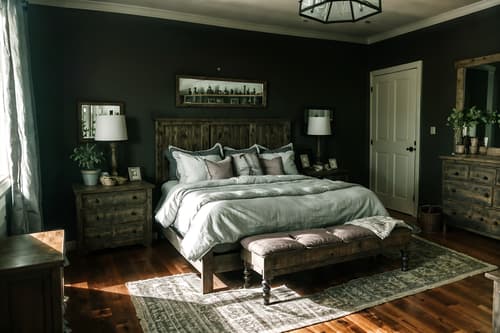 photo from pinterest of farmhouse-style interior designed (bedroom interior) with storage bench or ottoman and mirror and bedside table or night stand and headboard and dresser closet and bed and plant and night light. . with . . cinematic photo, highly detailed, cinematic lighting, ultra-detailed, ultrarealistic, photorealism, 8k. trending on pinterest. farmhouse interior design style. masterpiece, cinematic light, ultrarealistic+, photorealistic+, 8k, raw photo, realistic, sharp focus on eyes, (symmetrical eyes), (intact eyes), hyperrealistic, highest quality, best quality, , highly detailed, masterpiece, best quality, extremely detailed 8k wallpaper, masterpiece, best quality, ultra-detailed, best shadow, detailed background, detailed face, detailed eyes, high contrast, best illumination, detailed face, dulux, caustic, dynamic angle, detailed glow. dramatic lighting. highly detailed, insanely detailed hair, symmetrical, intricate details, professionally retouched, 8k high definition. strong bokeh. award winning photo.